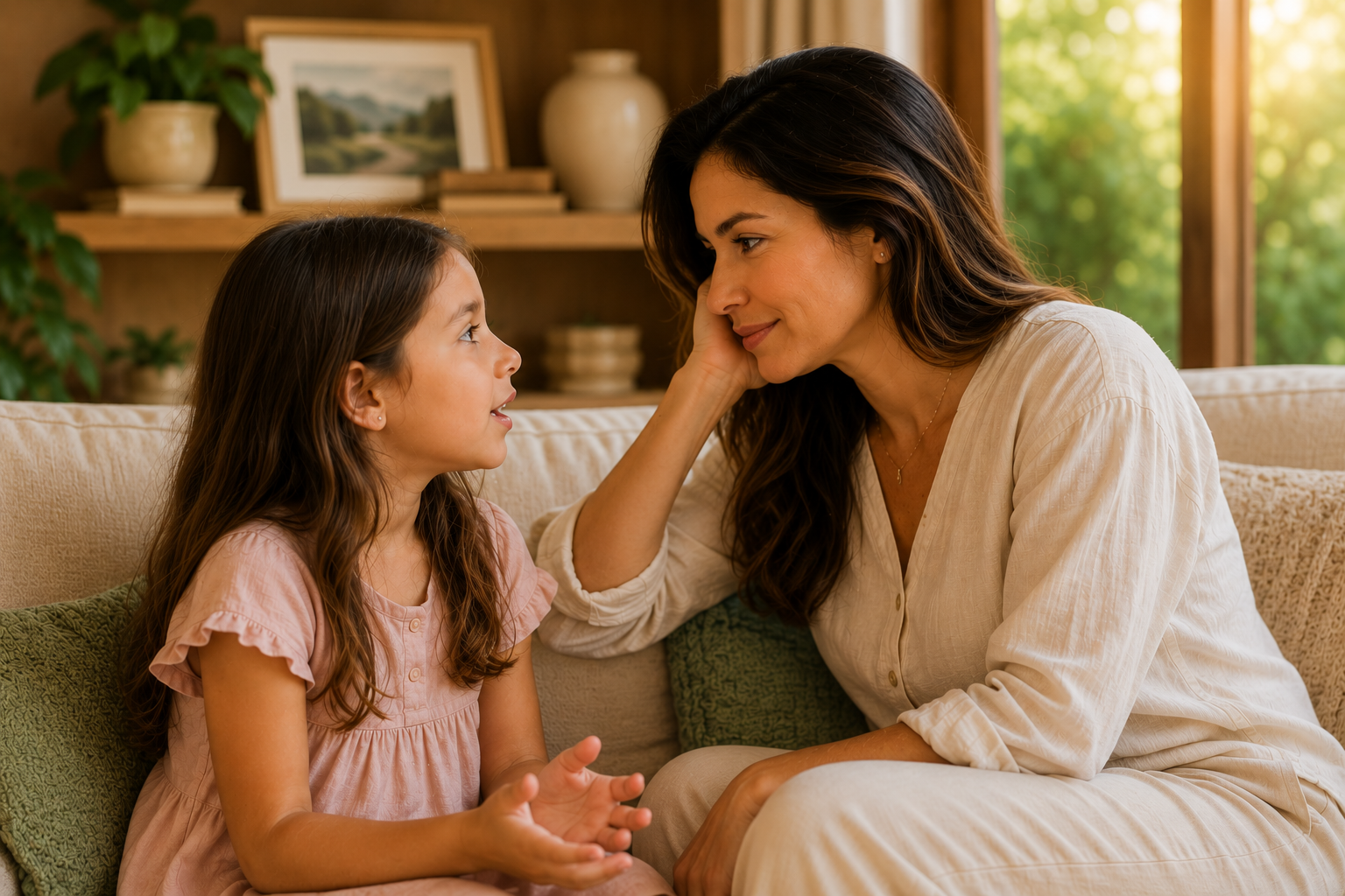 Mãe observando e acolhendo a criança durante um momento de conversa e desenvolvimento emocional