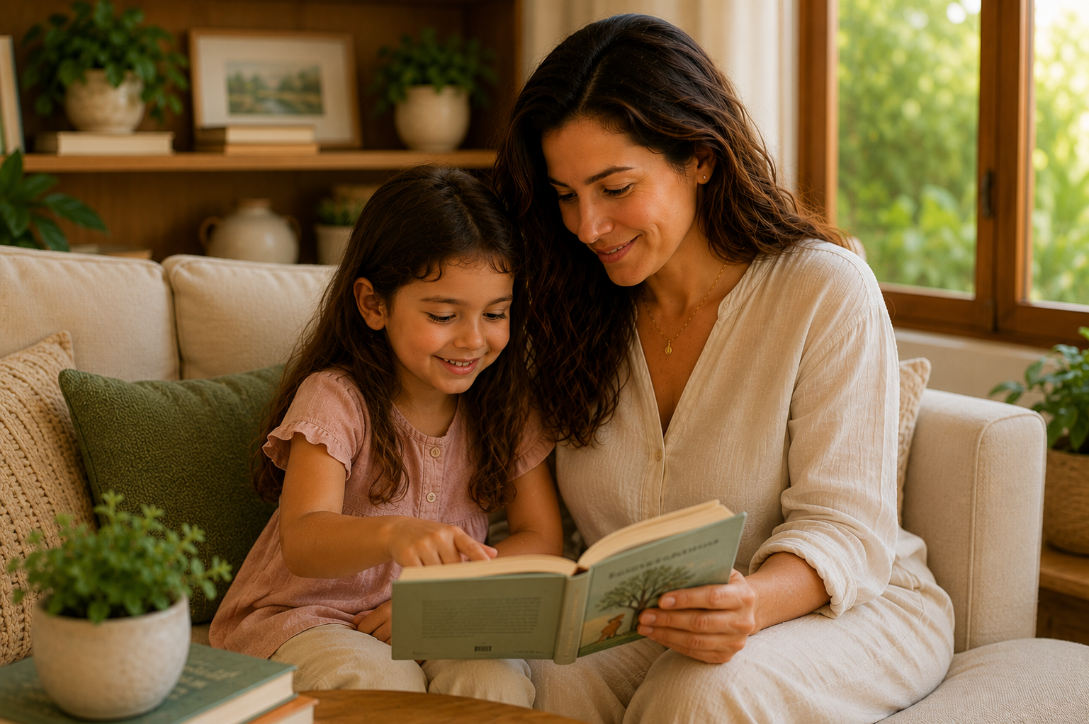 Mãe e filha compartilhando um momento de leitura