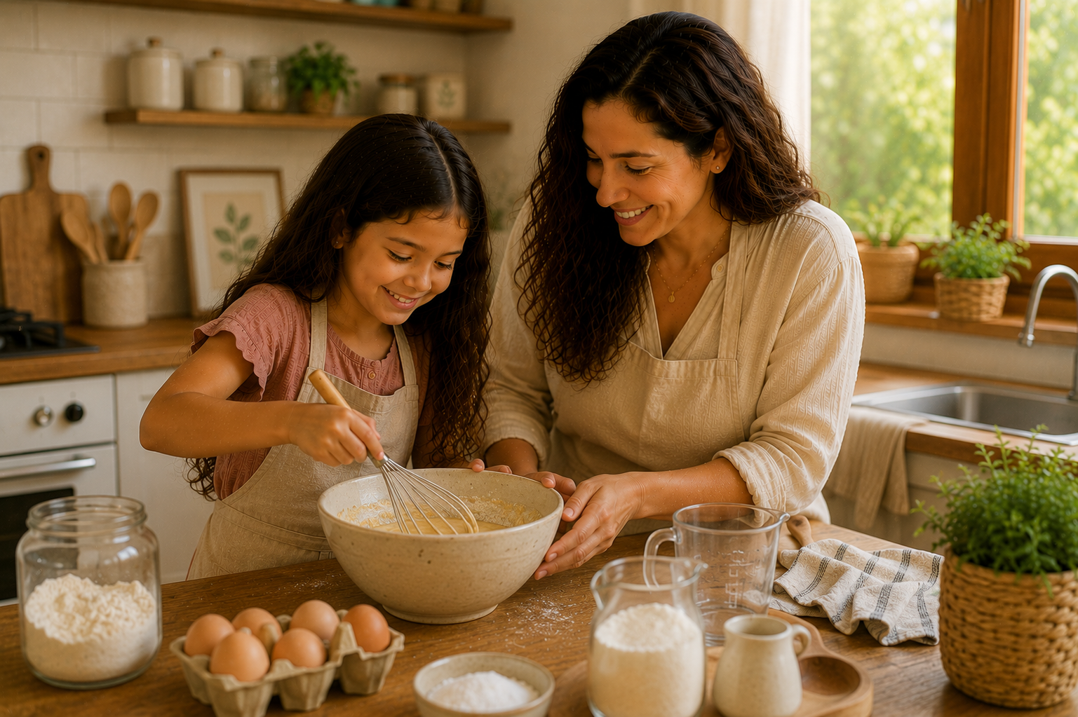 Mãe e filha preparando uma receita juntas
