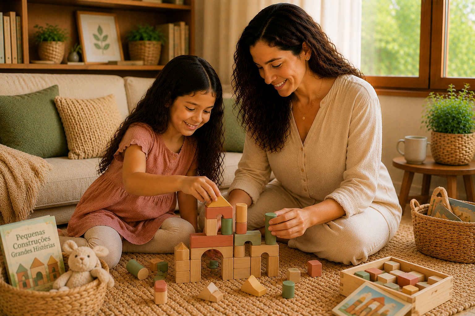Mãe e criança construindo grandes ideias juntas