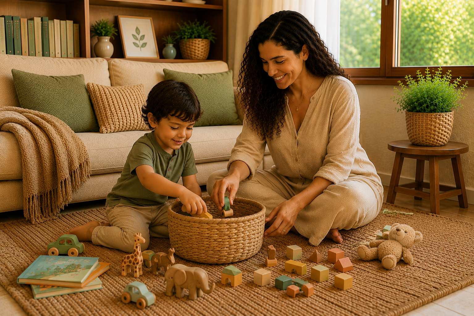 Mãe e criança guardando brinquedos juntas