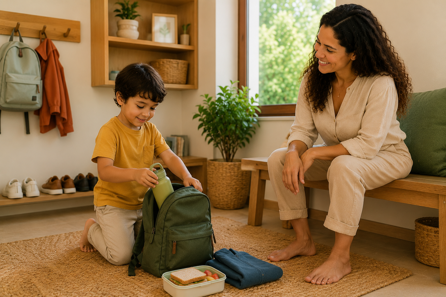 Criança preparando a mochila para o dia com apoio da mãe