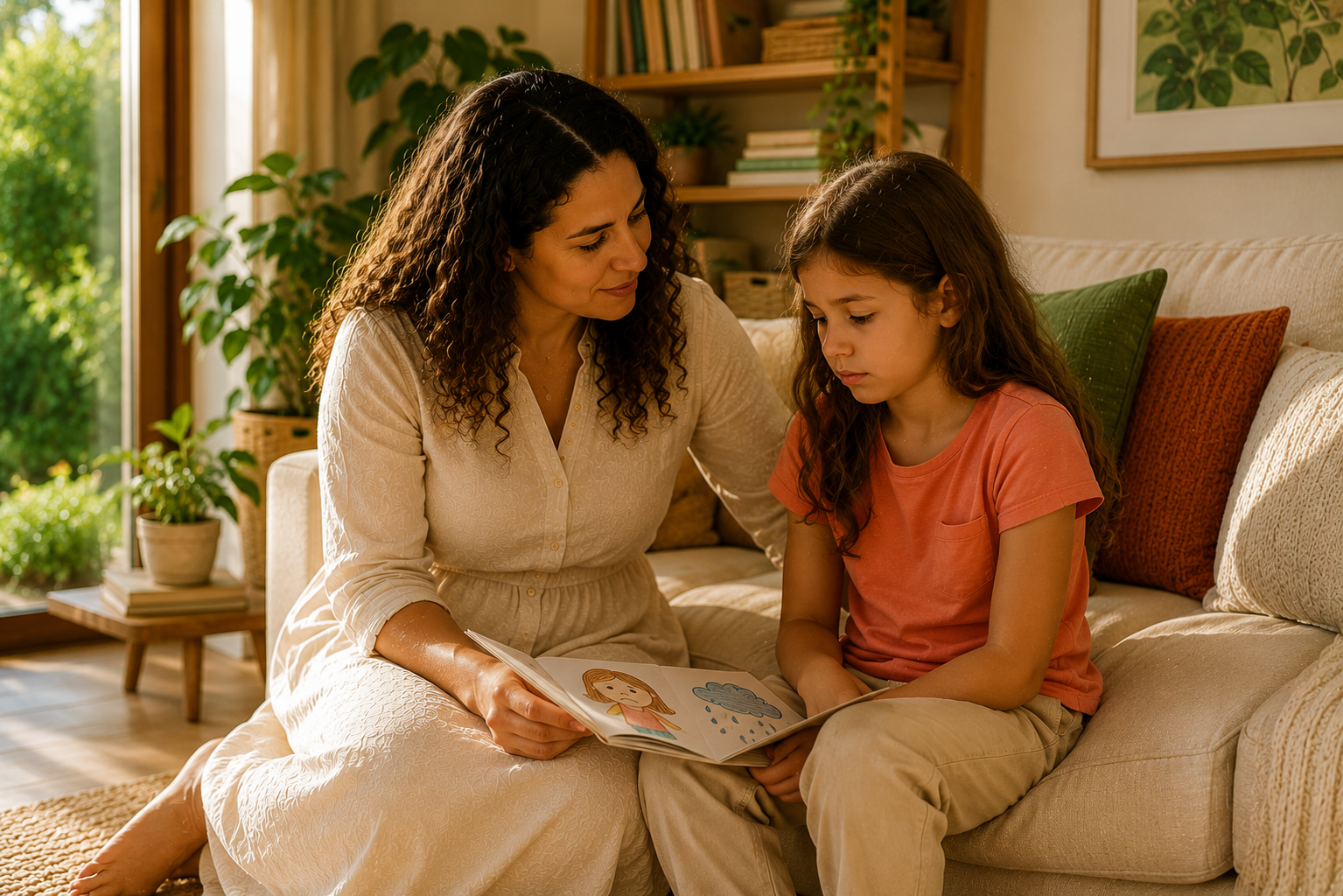 Mãe conversando com a filha em um momento de acolhimento