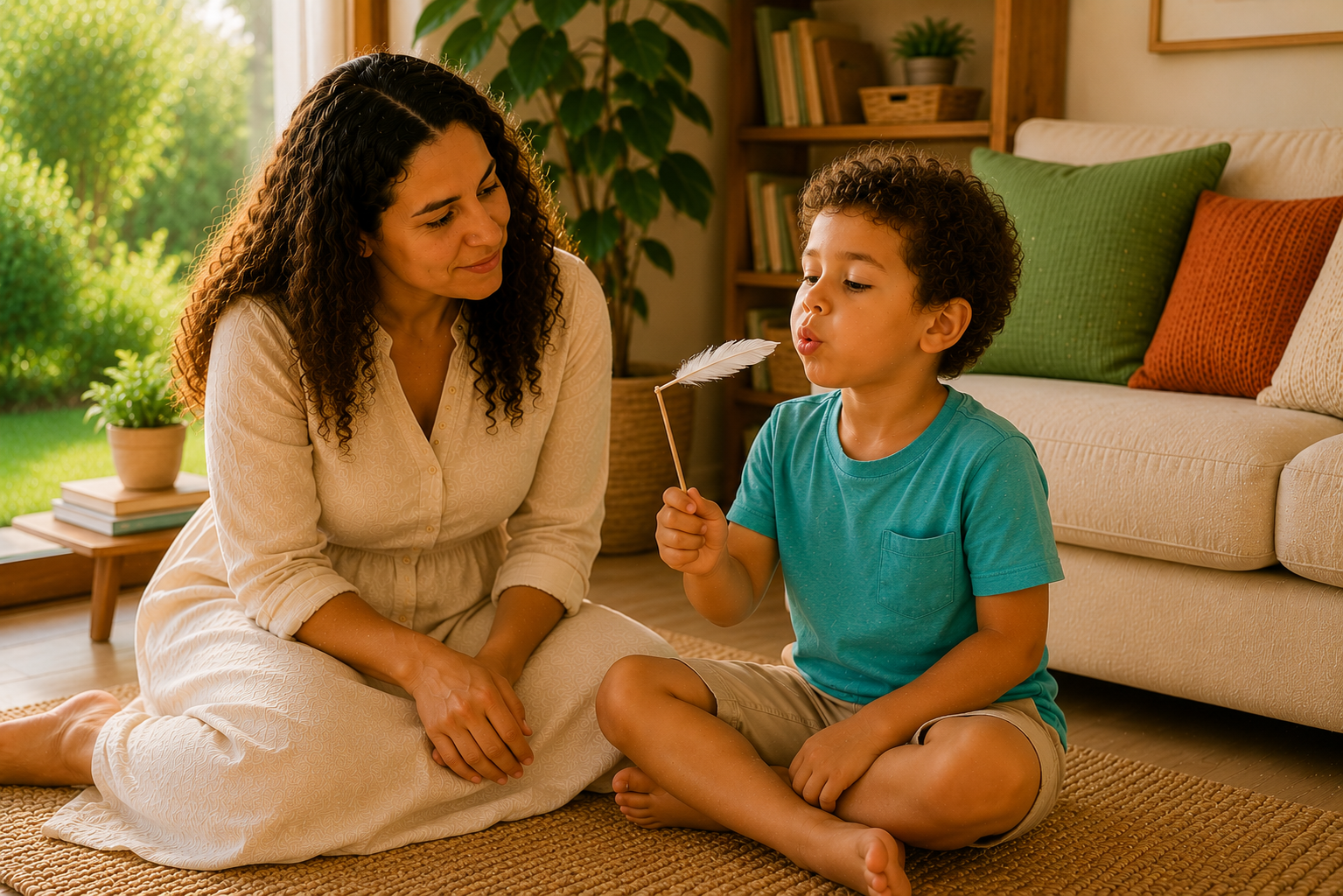 Mãe apoiando a criança durante um momento de regulação emocional após momento de crise emocional infantil utilizando o Método Visual de Regulação Emocional