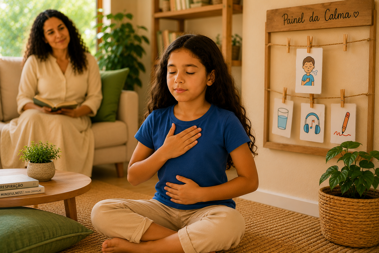 Criança realizando uma estratégia de calma com o card escolhido visível no Painel da Calma e a mãe acompanhando o momento