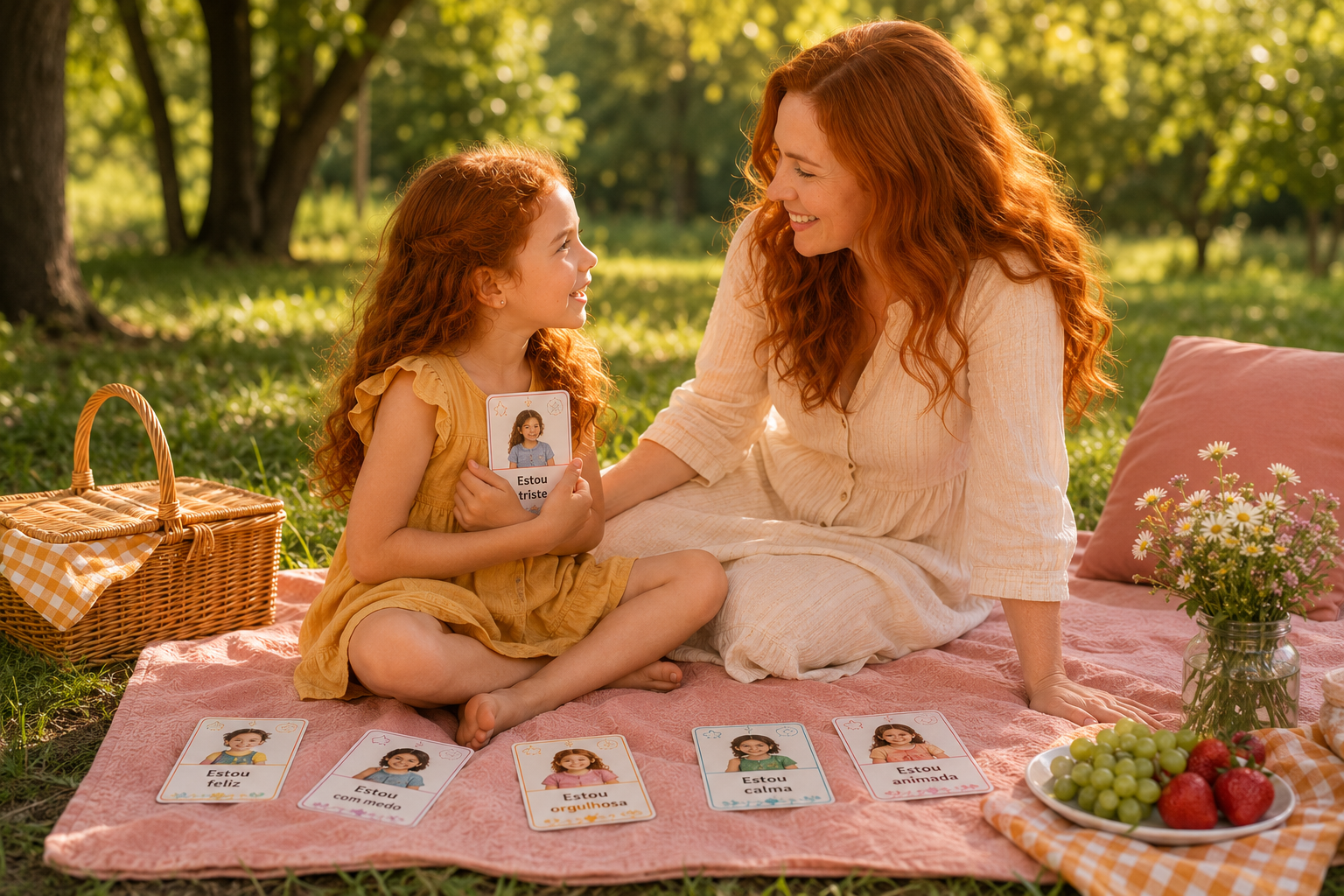 Mãe utilizando os Cards de Emoções durante uma conversa acolhedora com a criança