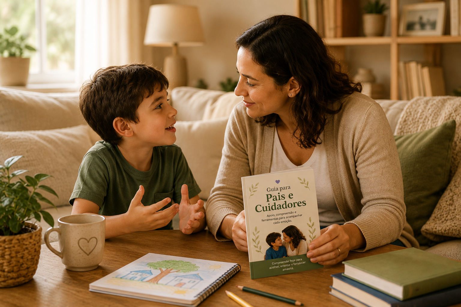 Mãe utilizando o Guia para Pais e Cuidadores enquanto conversa com a criança em um momento de acolhimento e desenvolvimento emocional