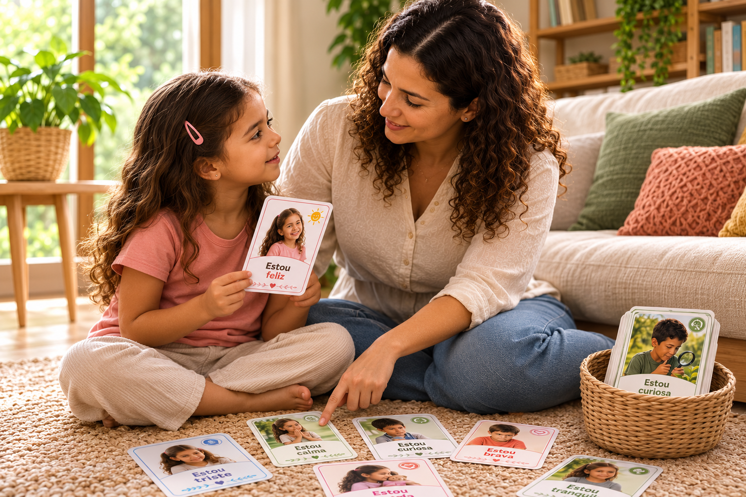 Mãe e criança utilizando os Cards de Emoções durante uma conversa acolhedora