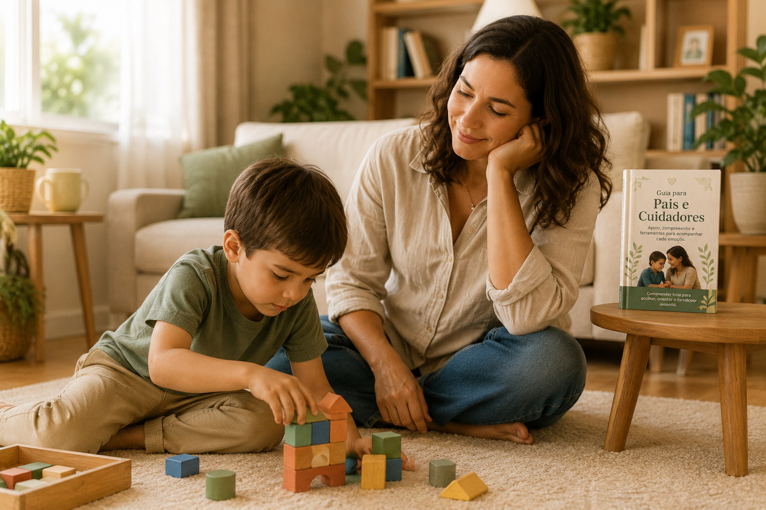 Mãe acolhendo a criança durante um momento de desenvolvimento emocional e fortalecimento do vínculo