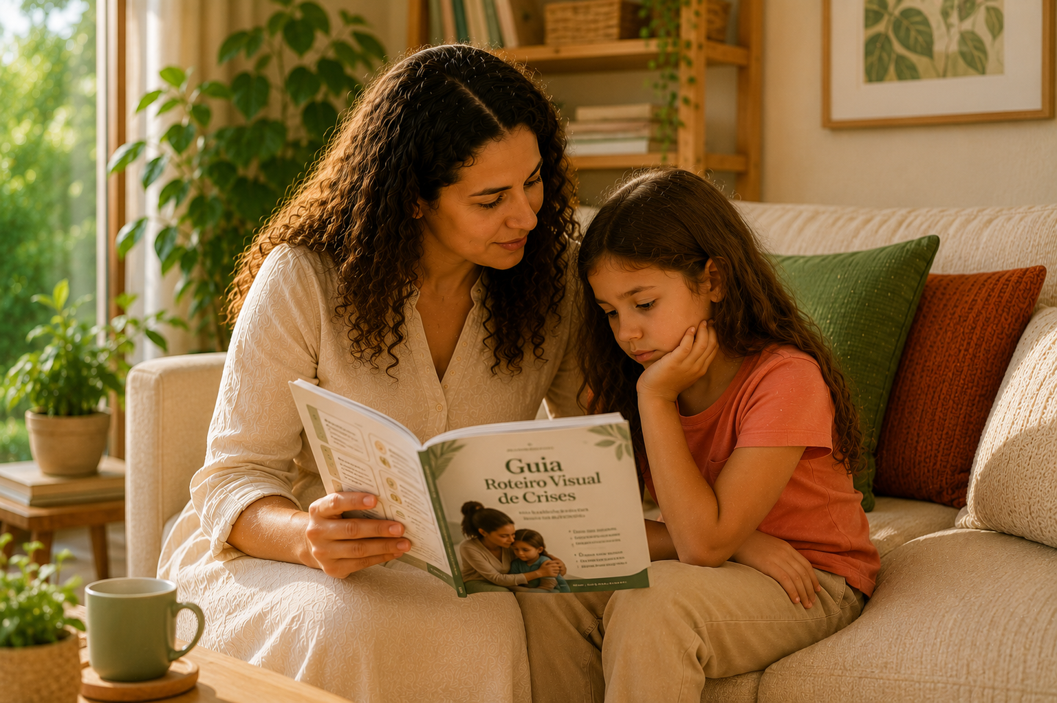 Mãe utilizando o Método Visual de Regulação Emocional para apoiar a criança durante regulação emocional no momento de crise emocional infantil
