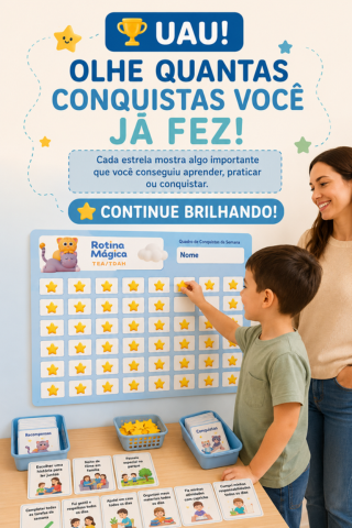 Mãe acompanhando a criança durante a utilização da rotina visual