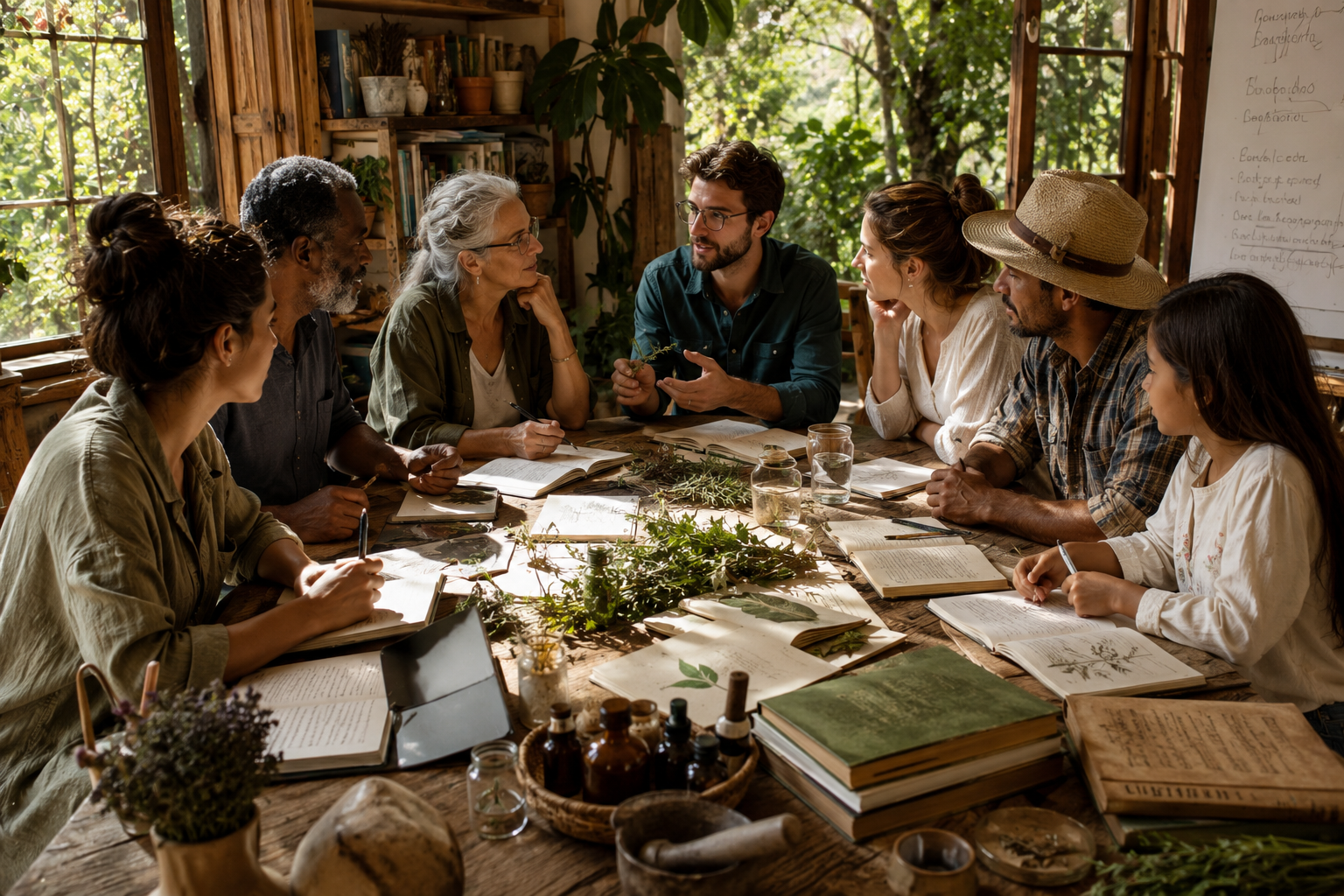 Pessoas reunidas compartilhando conhecimentos, materiais e diferentes perspectivas