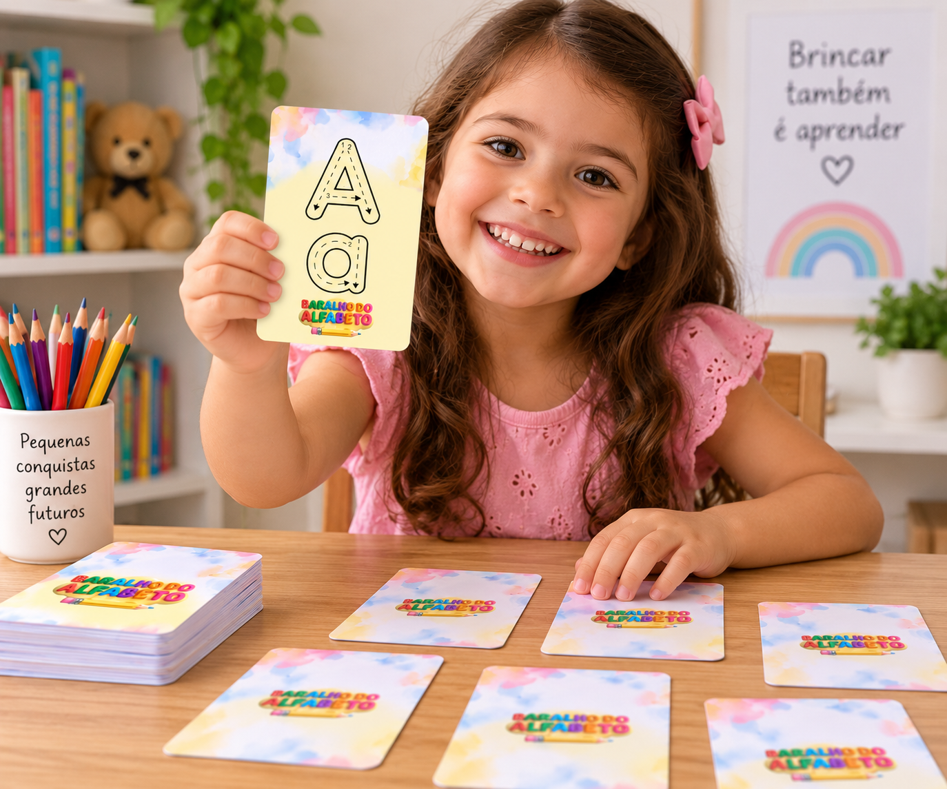 Menina utilizando cartas do Baralho do Alfabeto