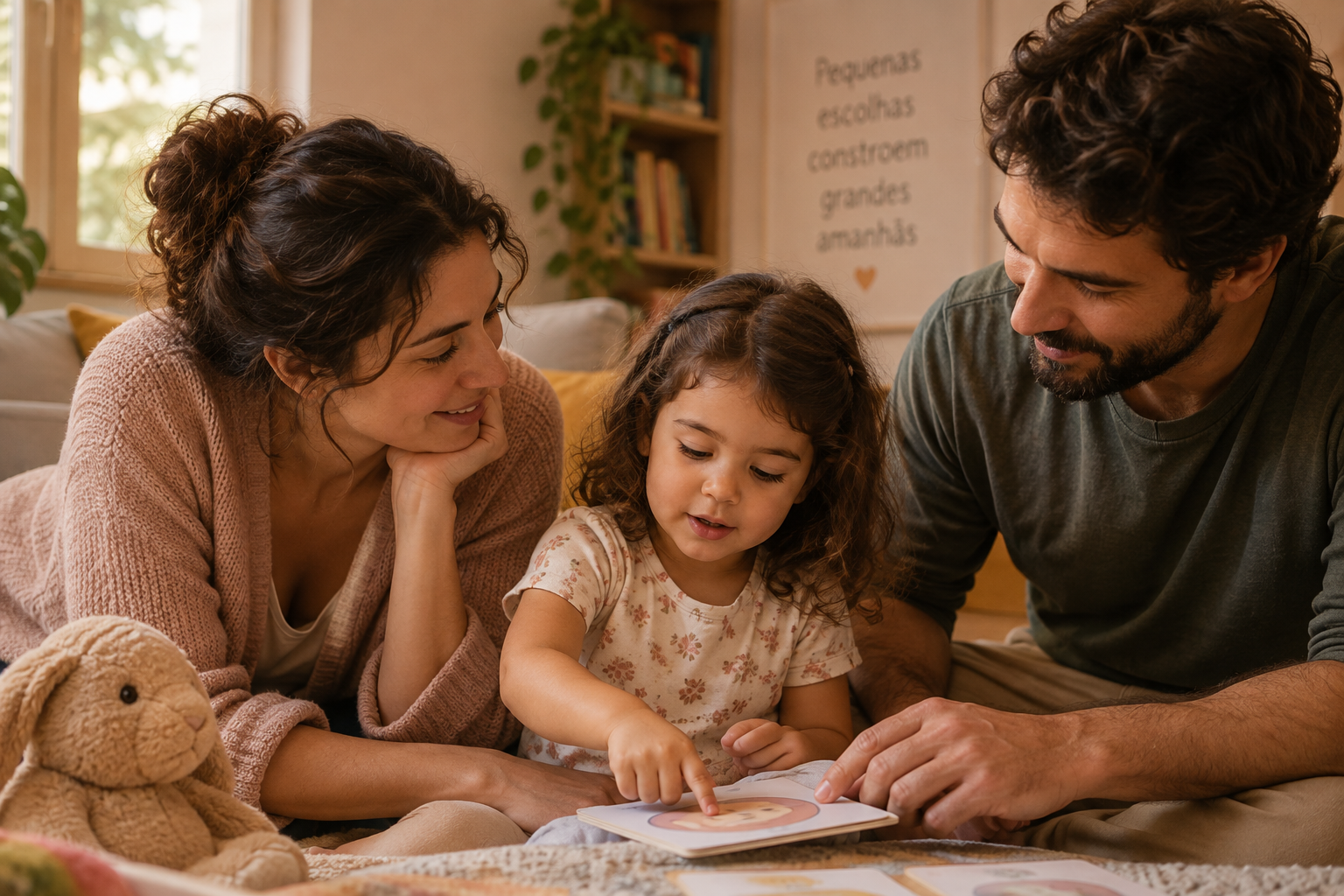 Mãe e pai acompanhando a filha em uma atividade de aprendizagem e convivência familiar