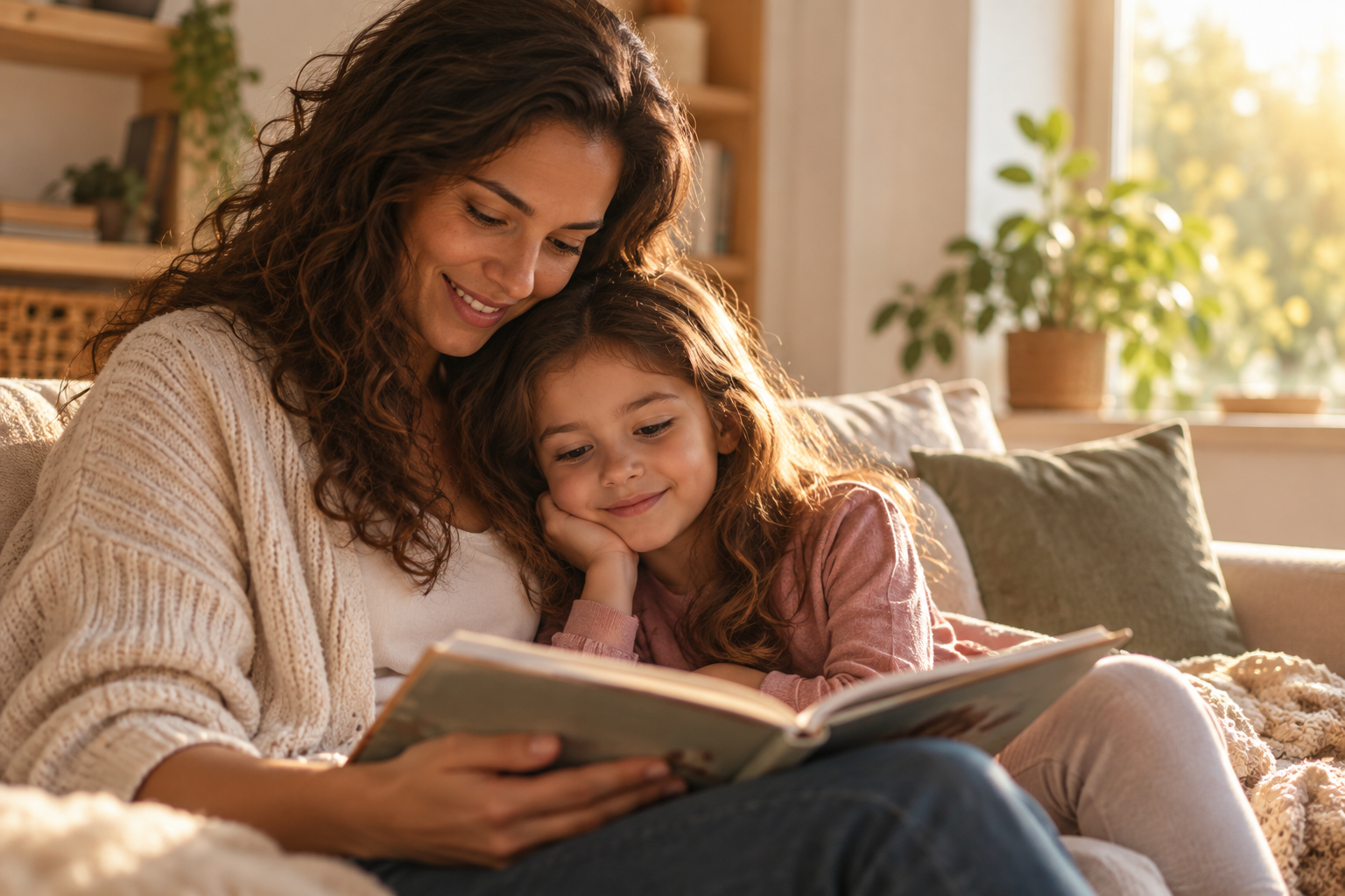 Mãe e filha compartilhando um momento de leitura